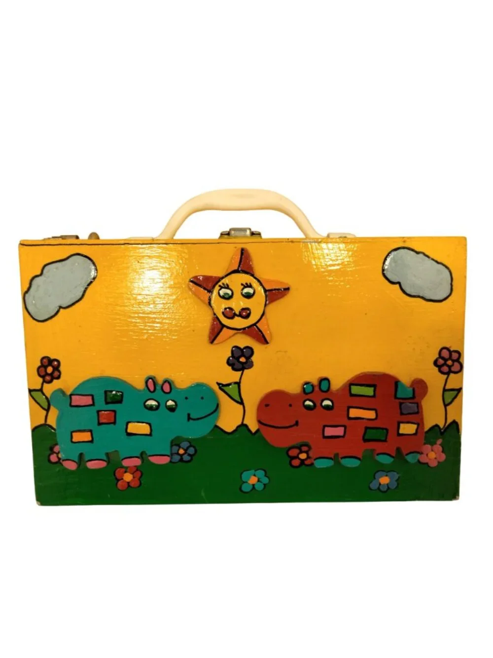 Hand Painted Wood Lunchbox Hippos Storage Box Handmade Yellow 3D